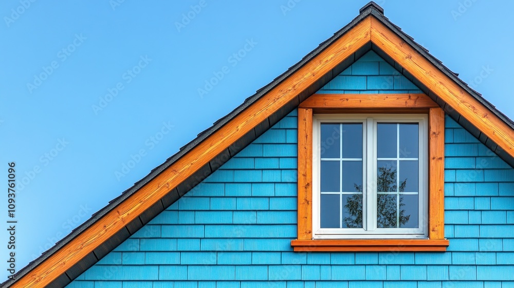 Gable roof with blue siding and window. Gable roof with blue siding and window.