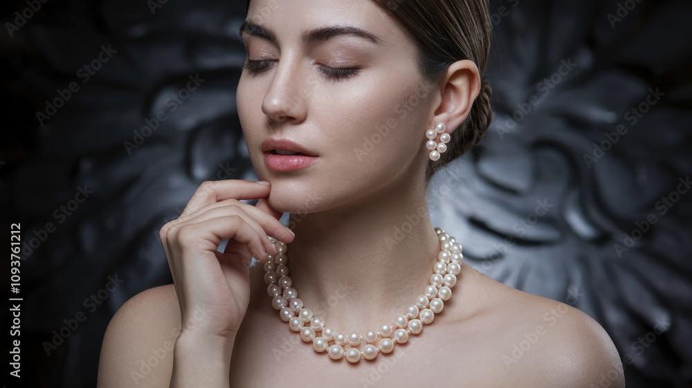 Obraz premium A woman wearing a pearl necklace and earrings. She is looking at the camera. The necklace is made of pearls and is long