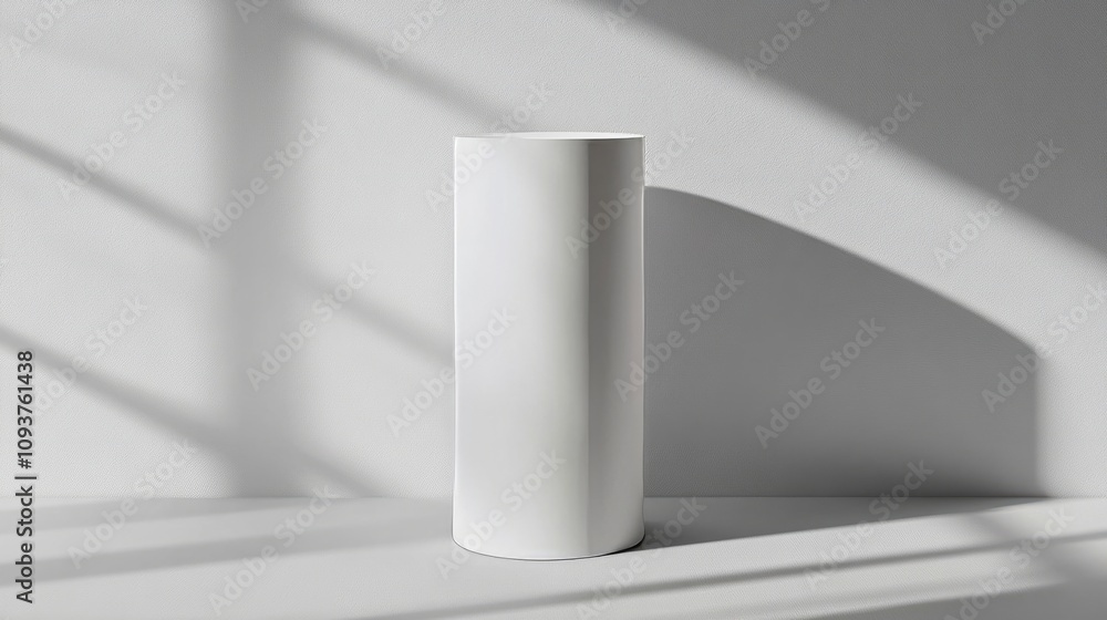 A tall cylindrical white box with a soft matte finish and open top, casting a shadow on the surface A tall cylindrical white box with a soft matte finish and open top, casting a shadow on the surface