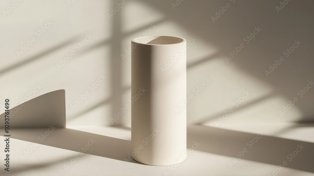 A tall cylindrical white box with a soft matte finish and open top, casting a shadow on the surface A tall cylindrical white box with a soft matte finish and open top, casting a shadow on the surface