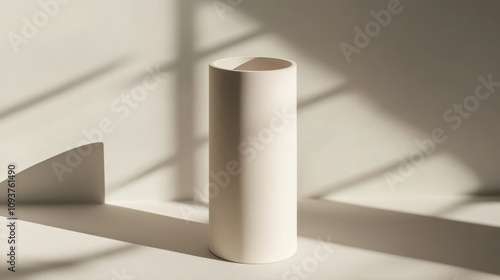 A tall cylindrical white box with a soft matte finish and open top, casting a shadow on the surface