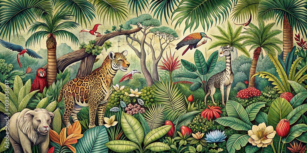 Obraz premium Vintage Style Photography of a Hand-Drawn Jungle Scene with Lush Greenery, Exotic Animals, and Intricate Details Capturing the Essence of Nature's Beauty and Wilderness