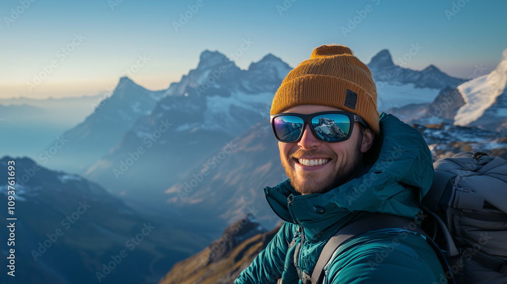 Person in the mountains. Snowy mountain landscape. panoramic view of the Swiss Alps from Jungfraujoch. Person in the mountains. Snowy mountain landscape. panoramic view of the Swiss Alps from Jungfraujoch.