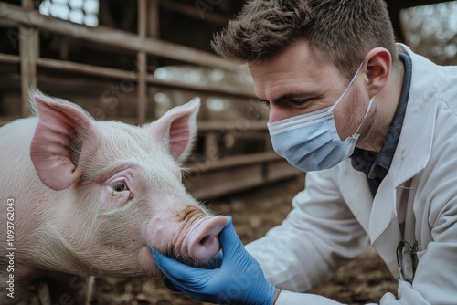 A veterinarian is carefully examining a pig within an agricultural setting, ensuring that the animal receives the necessary care and monitoring for optimal health and management in livestock farming photo