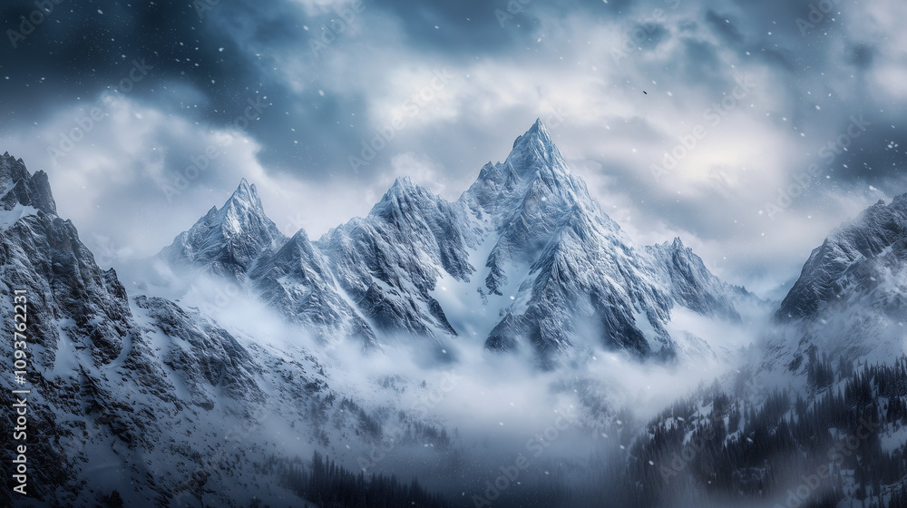 Snowy mountain landscape. Rocky Mountains in Colorado during a winter storm Snowy mountain landscape. Rocky Mountains in Colorado during a winter storm