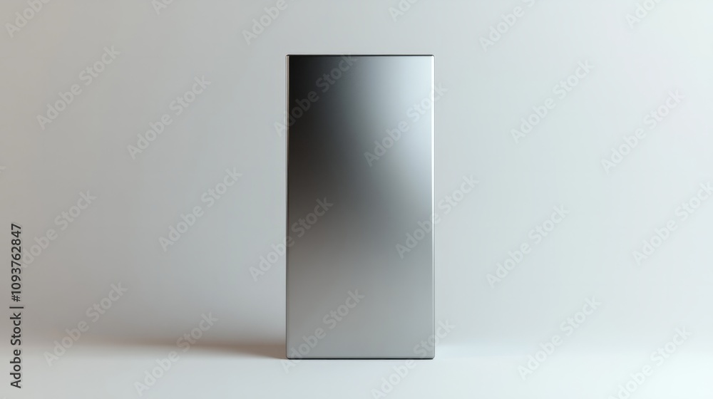 A tall rectangular metallic silver box, with sharp edges, standing upright on a white background A tall rectangular metallic silver box, with sharp edges, standing upright on a white background