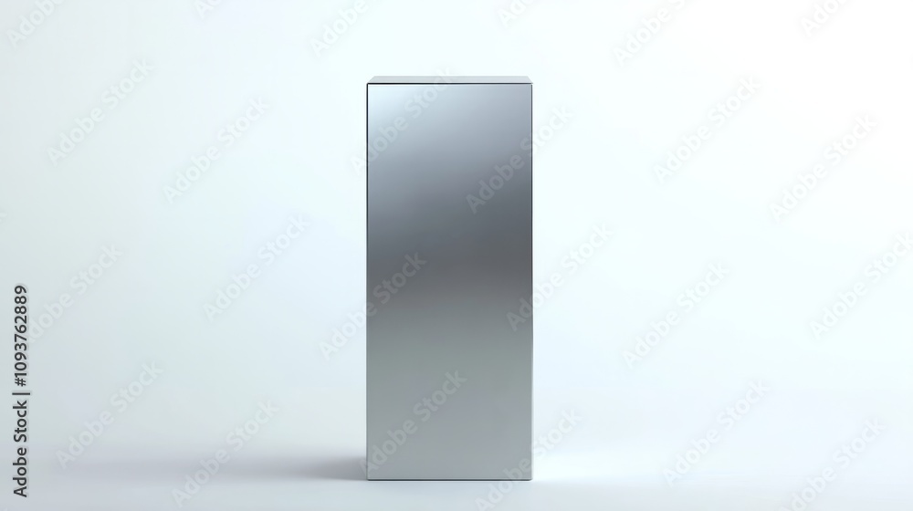 A tall rectangular metallic silver box, with sharp edges, standing upright on a white background A tall rectangular metallic silver box, with sharp edges, standing upright on a white background