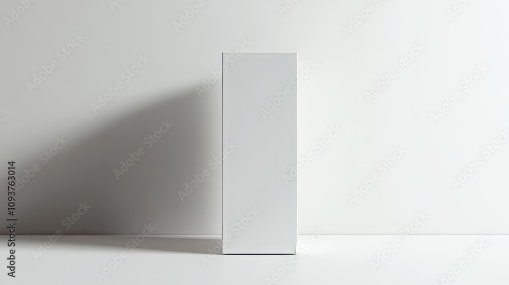 A tall rectangular white box with a glossy surface, standing upright on a smooth white surface A tall rectangular white box with a glossy surface, standing upright on a smooth white surface
