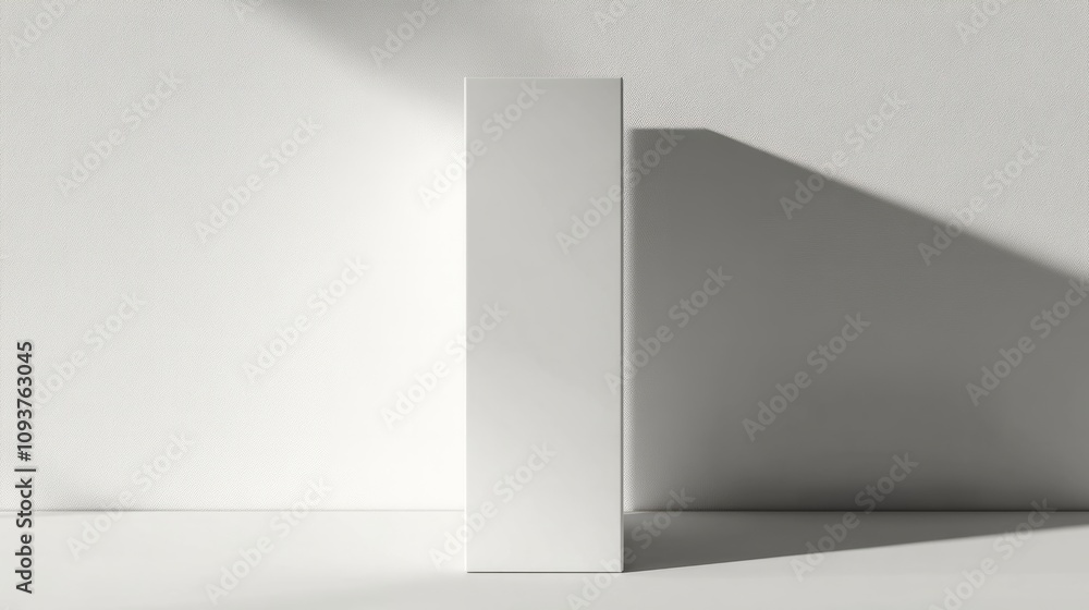 A tall rectangular white box with a glossy surface, standing upright on a smooth white surface A tall rectangular white box with a glossy surface, standing upright on a smooth white surface