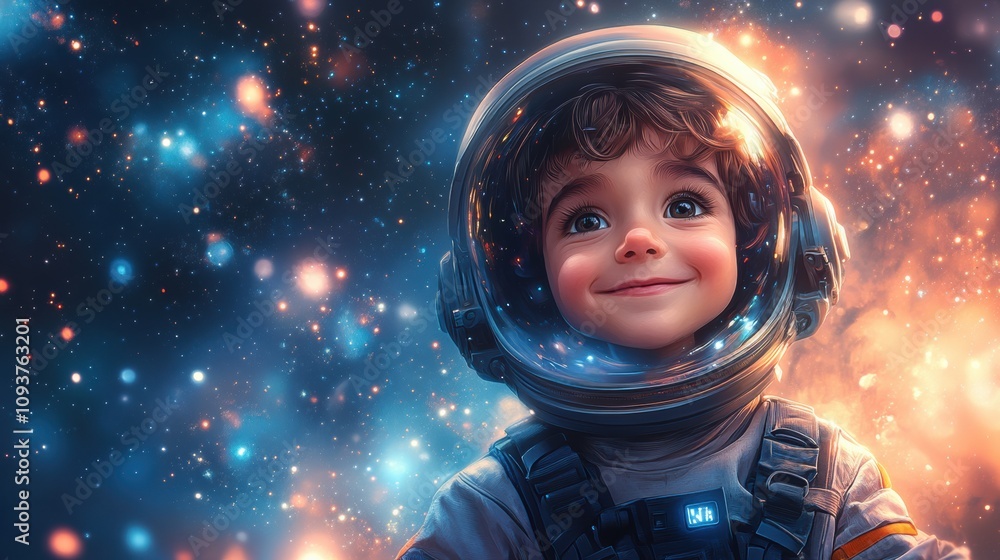 Adorable child in astronaut suit gazing joyfully at glowing cosmic lights, space-themed portrait, inspiring childhood imagination, futuristic exploration, dream of galaxies Adorable child in astronaut suit gazing joyfully at glowing cosmic lights, space-themed portrait, inspiring childhood imagination, futuristic exploration, dream of galaxies