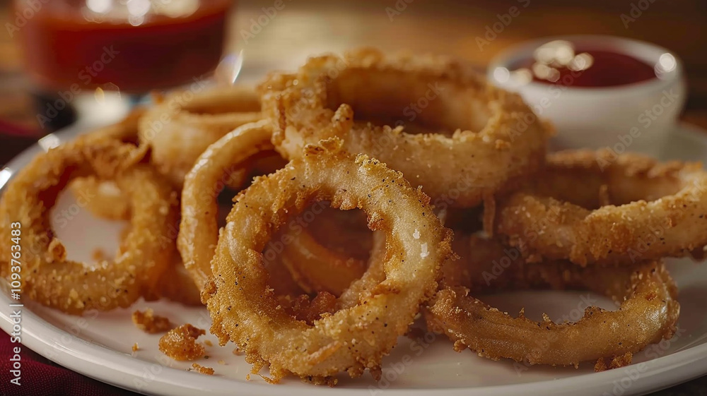 A platter of crispy onion rings, deep-fried to perfection and served with zesty ketchup and smooth ranch dipping sauces for a delightful appetizer A platter of crispy onion rings, deep-fried to perfection and served with zesty ketchup and smooth ranch dipping sauces for a delightful appetizer