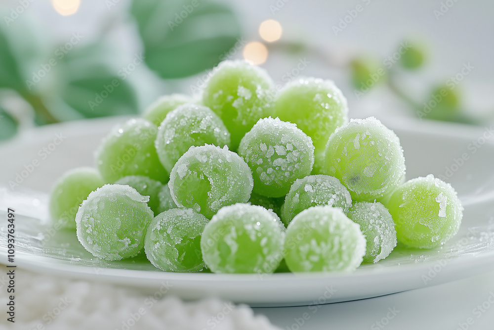 A plate of vibrant green frozen grape, coated with a frosty crunch, perfect for healthy snack ideas, food blogs, or promoting refreshing and nutritious treats A plate of vibrant green frozen grape, coated with a frosty crunch, perfect for healthy snack ideas, food blogs, or promoting refreshing and nutritious treats