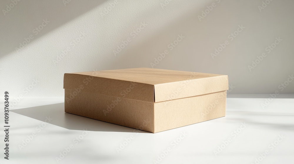 A thick, square cardboard box with a soft matte surface, casting subtle shadows on the white surface A thick, square cardboard box with a soft matte surface, casting subtle shadows on the white surface
