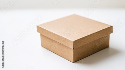 A thick, square cardboard box with a soft matte surface, casting subtle shadows on the white surface 