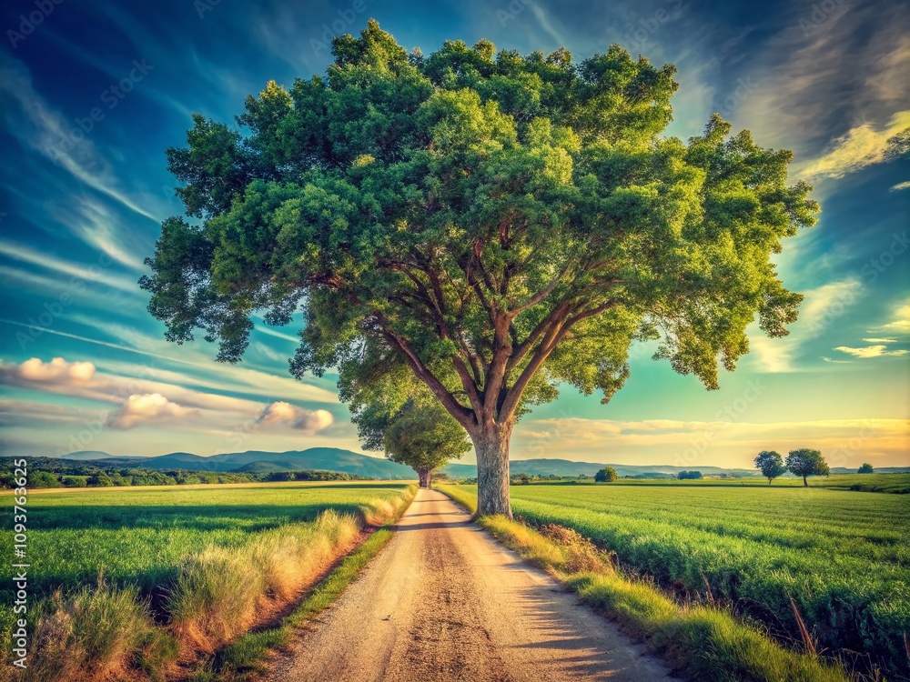 Obraz premium Vintage Style Photography of a Serene Rural Road with a Majestic Tree and Expansive Fields in the Beautiful Baix Llobregat Region