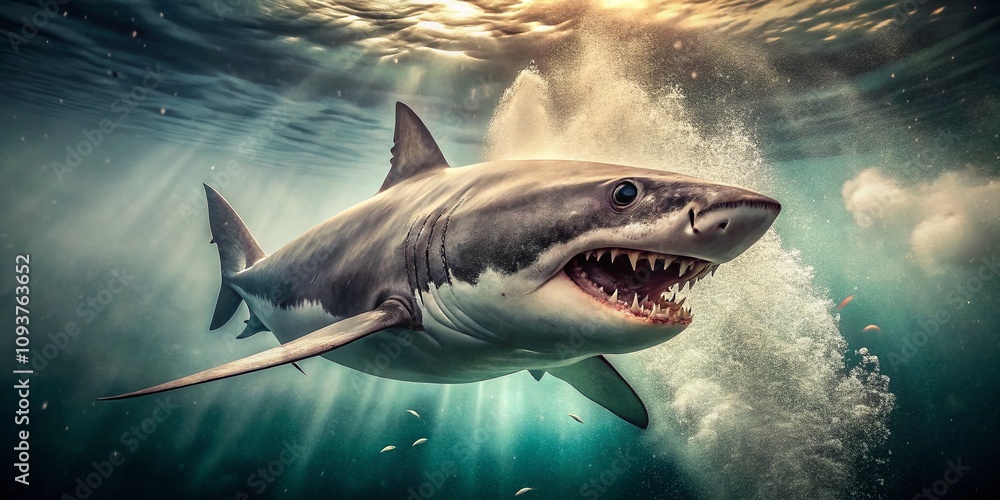 Fototapeta premium Vintage Style Photography of a Shark Displaying Its Teeth in a Deep Ocean Scene, Capturing the Raw Beauty and Power of Nature with a Nostalgic Touch
