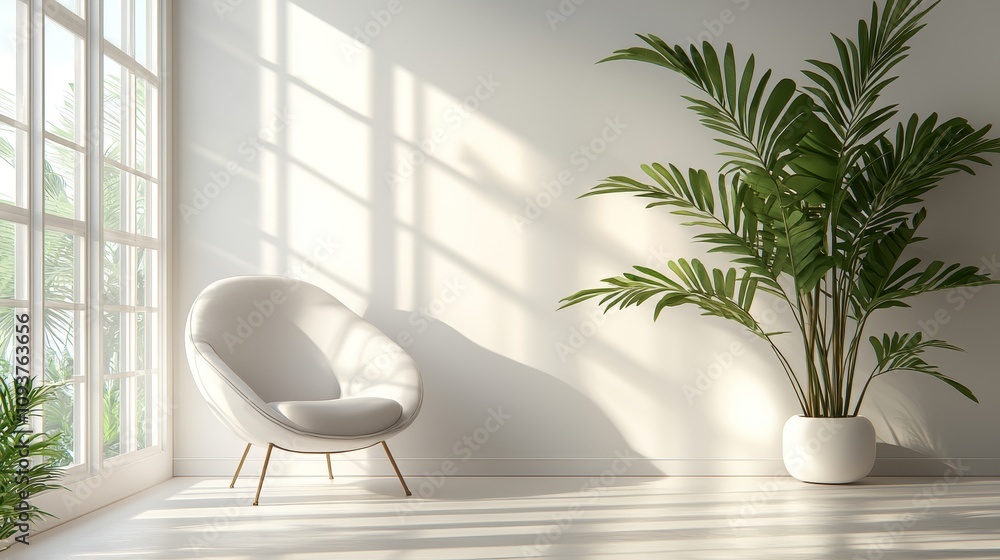 Serene living room scene with modern chair and lush plant sunlit space interior design minimalist environment inviting concept for relaxation Serene living room scene with modern chair and lush plant sunlit space interior design minimalist environment inviting concept for relaxation