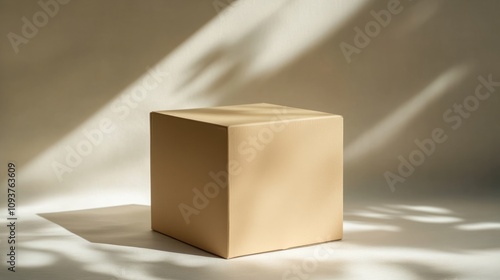 A thick, square cardboard box with a soft matte surface, casting subtle shadows on the white surface