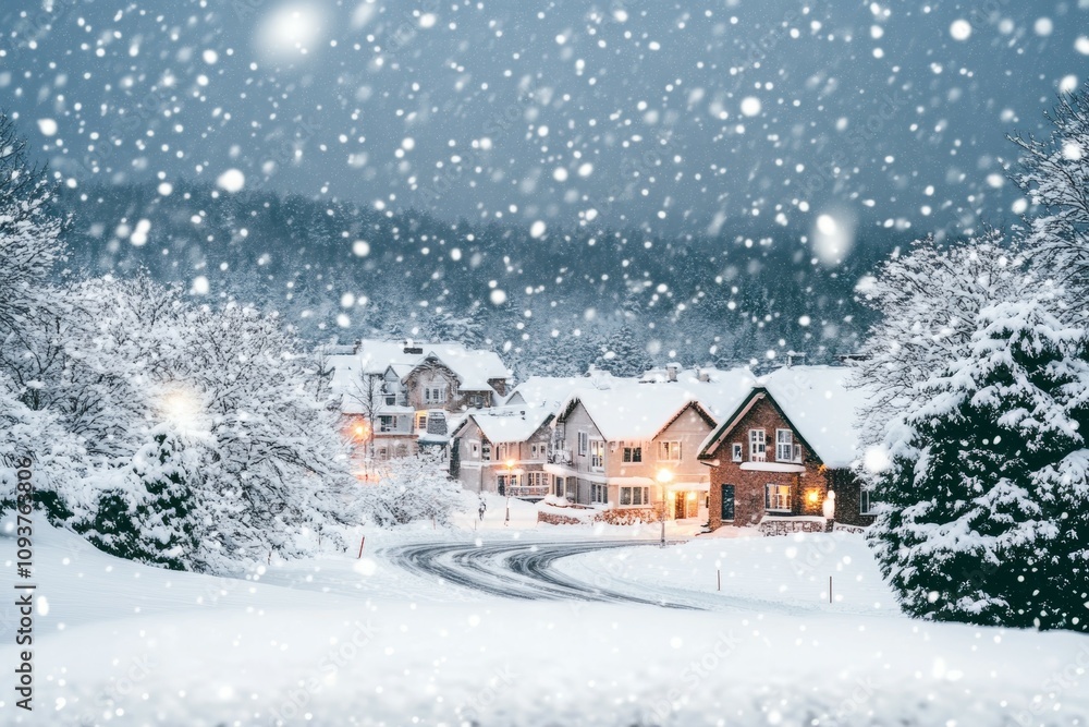 Snowy winter wonderland scene with idyllic houses and falling snowflakes Snowy winter wonderland scene with idyllic houses and falling snowflakes