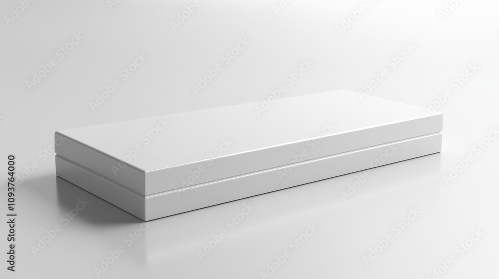 Naklejka premium A thin, sleek white box with a hinged lid, lying flat on a glossy white surface