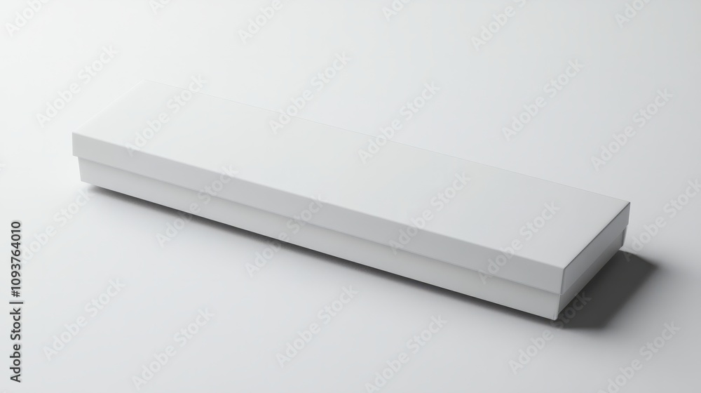 A thin, sleek white box with a hinged lid, lying flat on a glossy white surface A thin, sleek white box with a hinged lid, lying flat on a glossy white surface