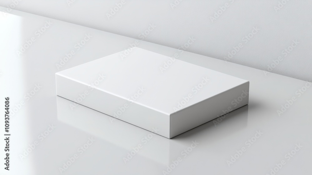A thin, sleek white box with a hinged lid, lying flat on a glossy white surface A thin, sleek white box with a hinged lid, lying flat on a glossy white surface