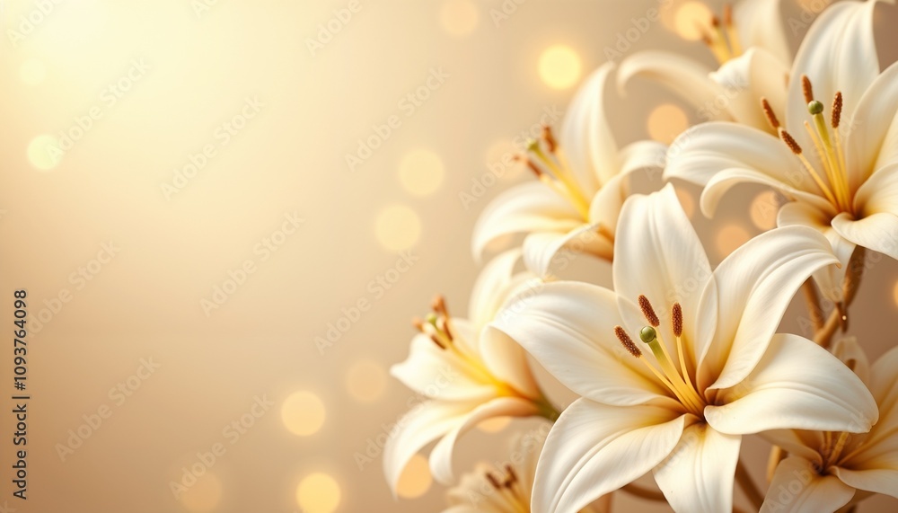 Fototapeta premium White lilies bloom elegantly for greeting card design with soft bokeh background