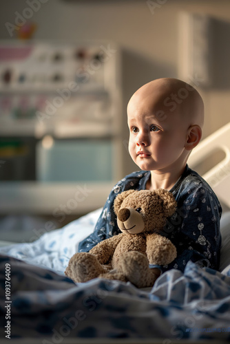 Little bald child holding a teddy bear. Small patient with oncology in a hospital. A little boy with cancer, after chemotherapy.