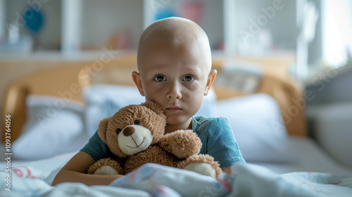 Wallpaper Mural Little bald child holding a teddy bear, sad. Small patient with oncology in a hospital. A little boy with cancer, after chemotherapy. Torontodigital.ca