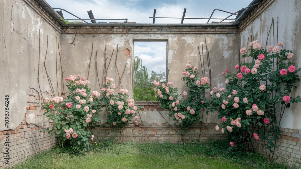 Rebar Roses An old dilapidated wall with climbing roses. The wall is made of old ...