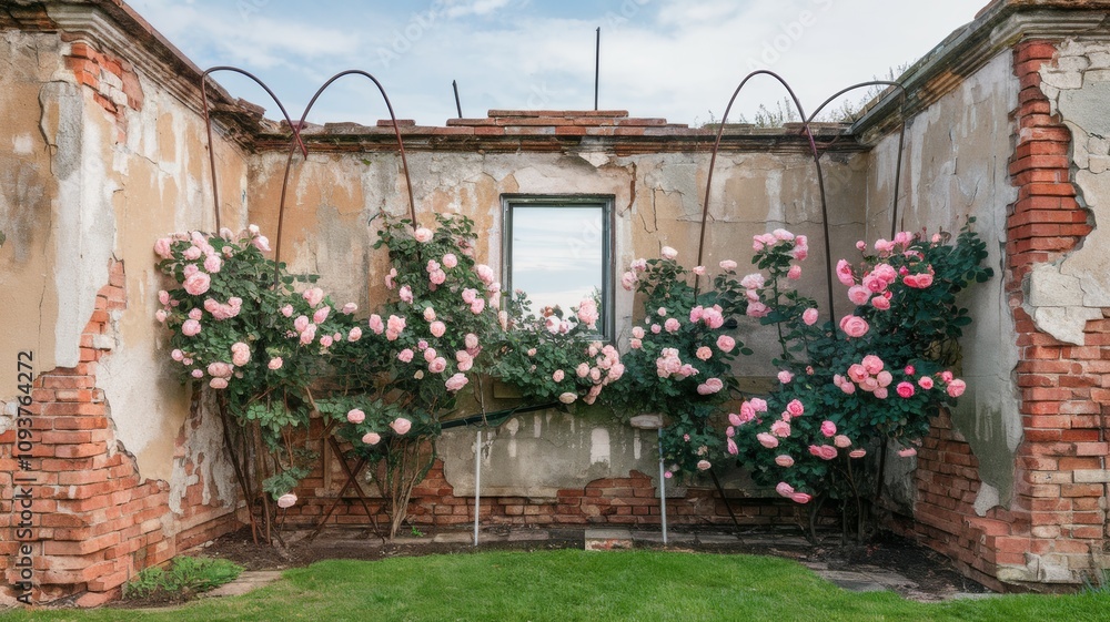 Rebar Roses An old dilapidated wall with climbing roses. The wall is made of old ...