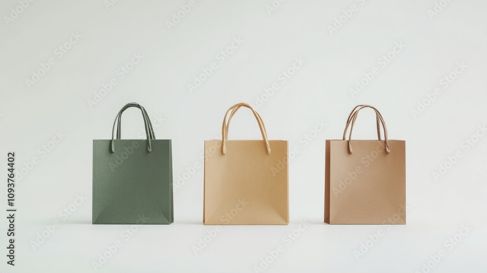 Set of eco-friendly paper shopping bags in soft greens and browns, isolated on a white background, minimalist shopping concept, without brand logo Set of eco-friendly paper shopping bags in soft greens and browns, isolated on a white background, minimalist shopping concept, without brand logo