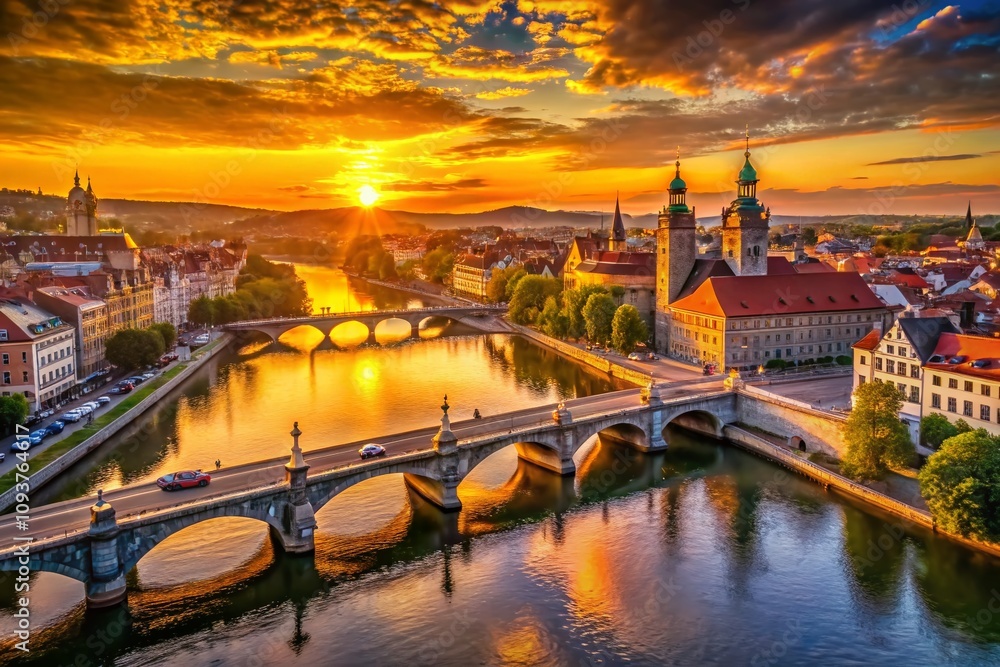 Fototapeta premium Aerial View of a Historic River Bridge at Sunset, Capturing the Vibrant Cityscape and Architectural Beauty of the Historic City Center