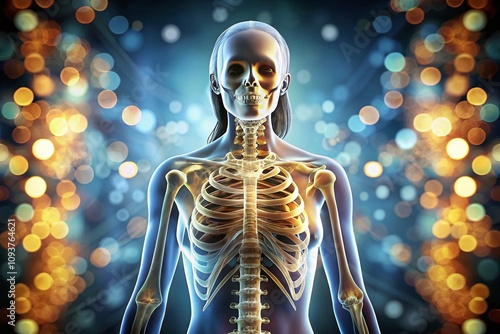 Aerial View of a Human Skeleton: X-ray Examination of Internal Anatomy of a Woman with Full-length Roentgen Imaging Depicting the Detailed Skeletal System Visual Aid photo