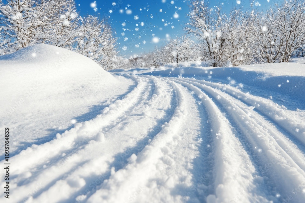 Snow-covered landscape with falling snowflakes on a clear winter day Snow-covered landscape with falling snowflakes on a clear winter day