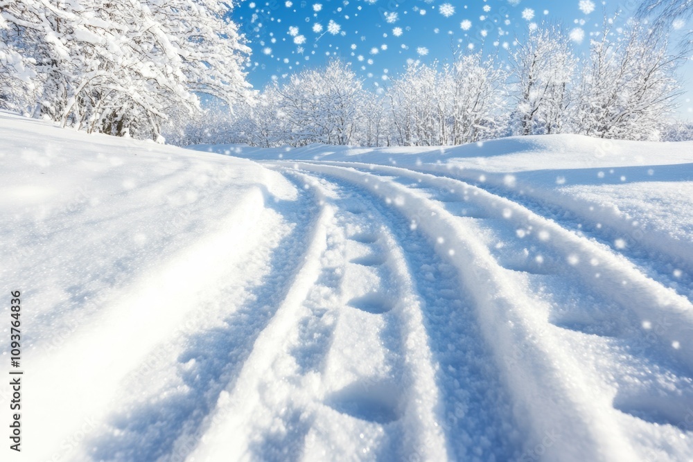 Snowy winter landscape with fresh tracks and falling snowflakes in a sunlit forest Snowy winter landscape with fresh tracks and falling snowflakes in a sunlit forest