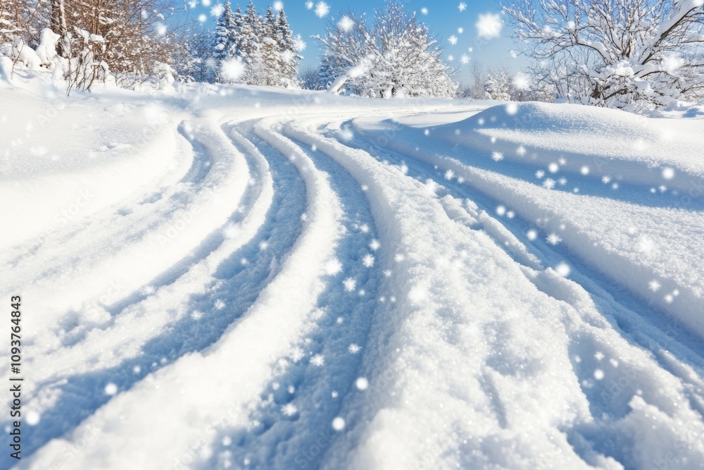 Scenic winter landscape with fresh snowy tracks and falling snowflakes Scenic winter landscape with fresh snowy tracks and falling snowflakes