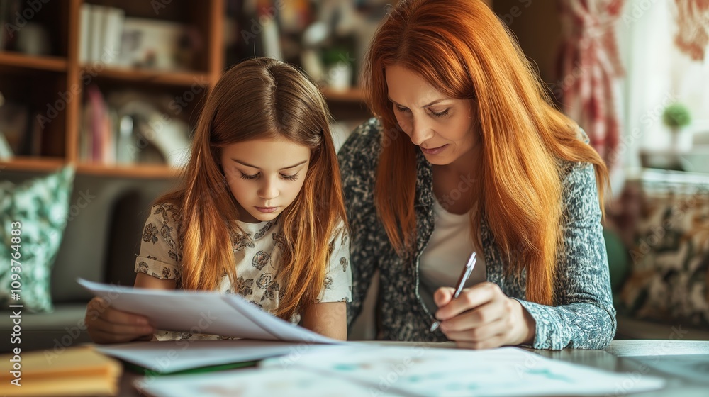 Mother and daughter engaged in focused homework session at home, emphasizing learning, support, and family bonding in a nurturing environment Mother and daughter engaged in focused homework session at home, emphasizing learning, support, and family bonding in a nurturing environment