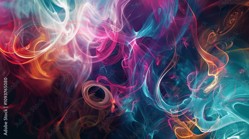 Fototapeta premium Vibrant digital swirls on a dark backdrop, Spacious white space for text