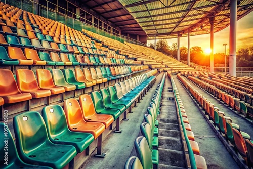 Vintage Style Photography of Empty Rows of Plastic Seats in Stadium Stands, Capturing the Loneliness and Anticipation of Outdoor Events and Football Matches photo