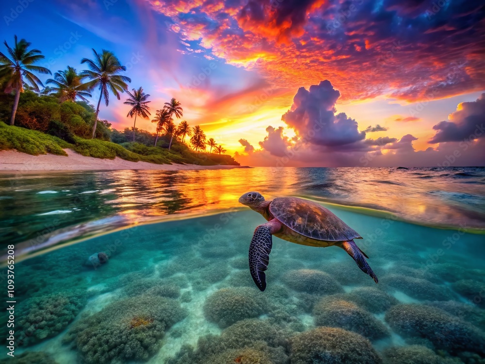 Aerial View of a Majestic Sea Turtle Swimming Above a Tropical Beach at Sunset, Capturing the Beauty Beneath the Waves and the Vibrant Colors of the Sky and Ocean Aerial View of a Majestic Sea Turtle Swimming Above a Tropical Beach at Sunset, Capturing the Beauty Beneath the Waves and the Vibrant Colors of the Sky and Ocean