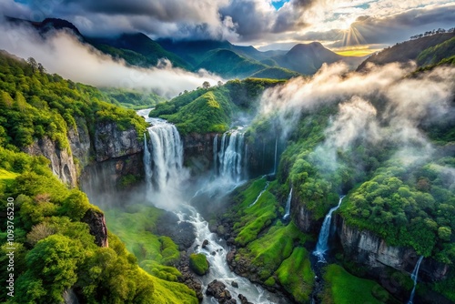 Aerial View of a Majestic Waterfall Cascading Through Foggy Mountain Landscape Surrounded by Lush Greenery and Mysterious Atmosphere, Perfect for Nature and Travel Enthusiasts