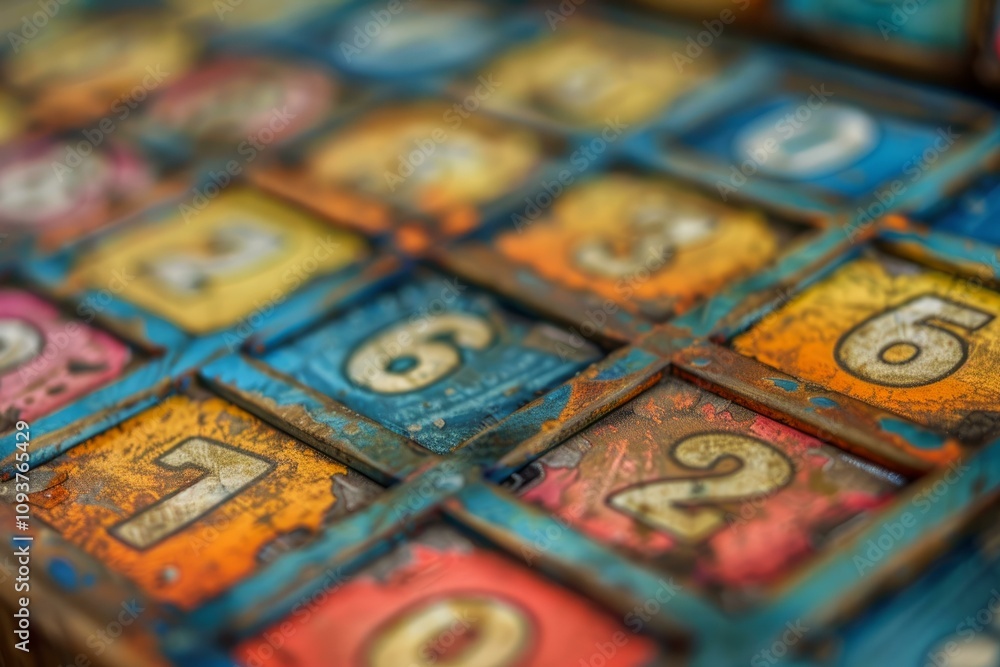 Colorful weathered bingo board with shallow depth of field showing numbers one through nine Colorful weathered bingo board with shallow depth of field showing numbers one through nine