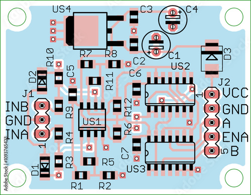Vector printed circuit board of electronic 
device with components of radio elements, 
conductors and contact pads placed on pcb. 
Engineering technical drawing.
Computer technic cad design.