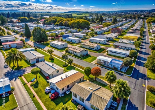 Aerial View of a Mobile Home Park Featuring Single Wide and Double Wide Houses with Lush Green Surroundings and Copy Space for Marketing Use