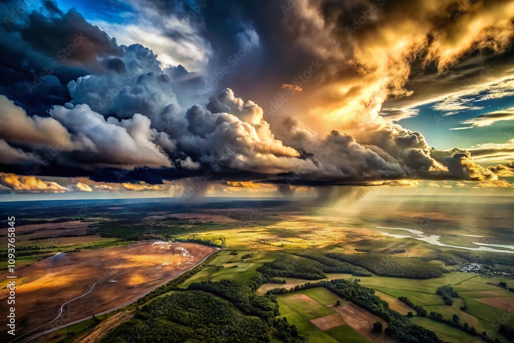 Naklejka premium Aerial View of a Moody Sky Filled with Dramatic Clouds Over a Scenic Landscape, Evoking a Sense of Mystery and Tranquility in Nature's Embrace