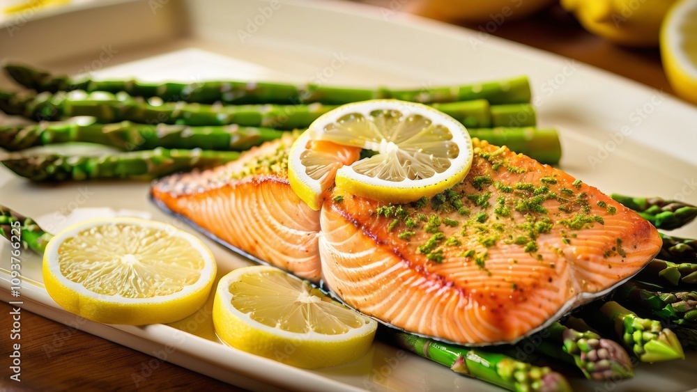 Salmon fillet with a crispy golden crust, tender asparagus of bright green color and slices of fresh lemon, giving the dish bright shades, elegantly laid out on a tray. Salmon fillet with a crispy golden crust, tender asparagus of bright green color and slices of fresh lemon, giving the dish bright shades, elegantly laid out on a tray.