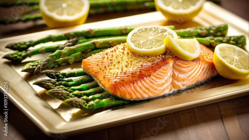 Salmon fillet with a crispy golden crust, tender asparagus of bright green color and slices of fresh lemon, giving the dish bright shades, elegantly laid out on a tray. photo