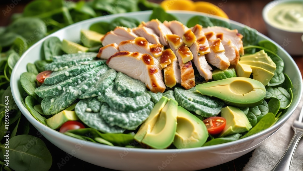 Salad with chicken slices on top of fresh spinach, and avocado, a brilliant dressing improves the texture, emphasizes freshness and appetizing. Salad with chicken slices on top of fresh spinach, and avocado, a brilliant dressing improves the texture, emphasizes freshness and appetizing.