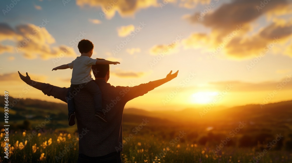 Fototapeta premium A joyful father and child watching the sunset together, embracing the beauty of nature and family moments in a serene landscape.